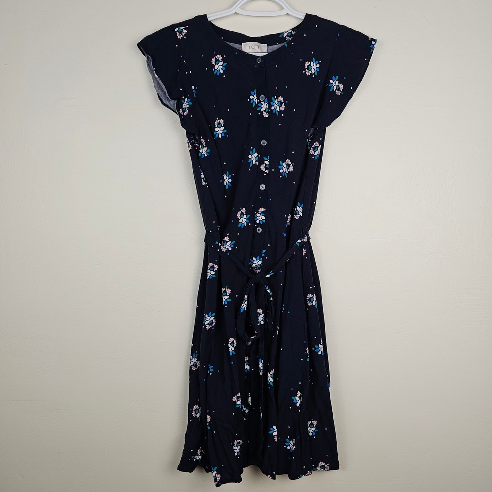 Loft Outlet Dress Women 2 Navy Blue Floral Button Front Flutter Sleeve Tie Waist